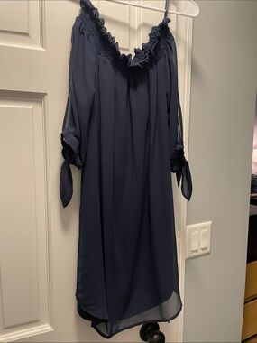 City Studio Navy Off-the-Shoulder Ruffle Tie-Sleeve Dress